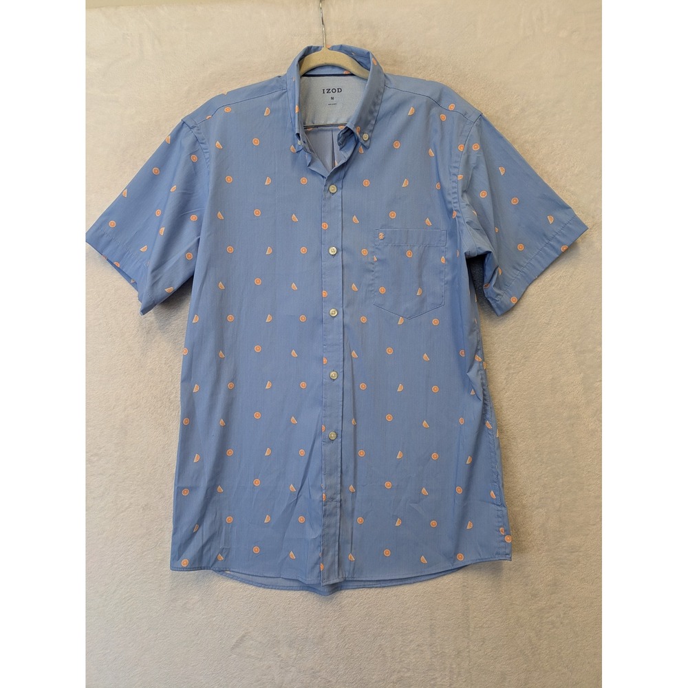 IZOD Men's Size M Short Sleeve Button Down Shirt Blue Citrus Print